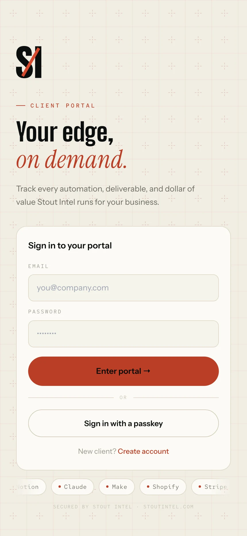 Step 1 — Client signs in to the Stout Intel portal