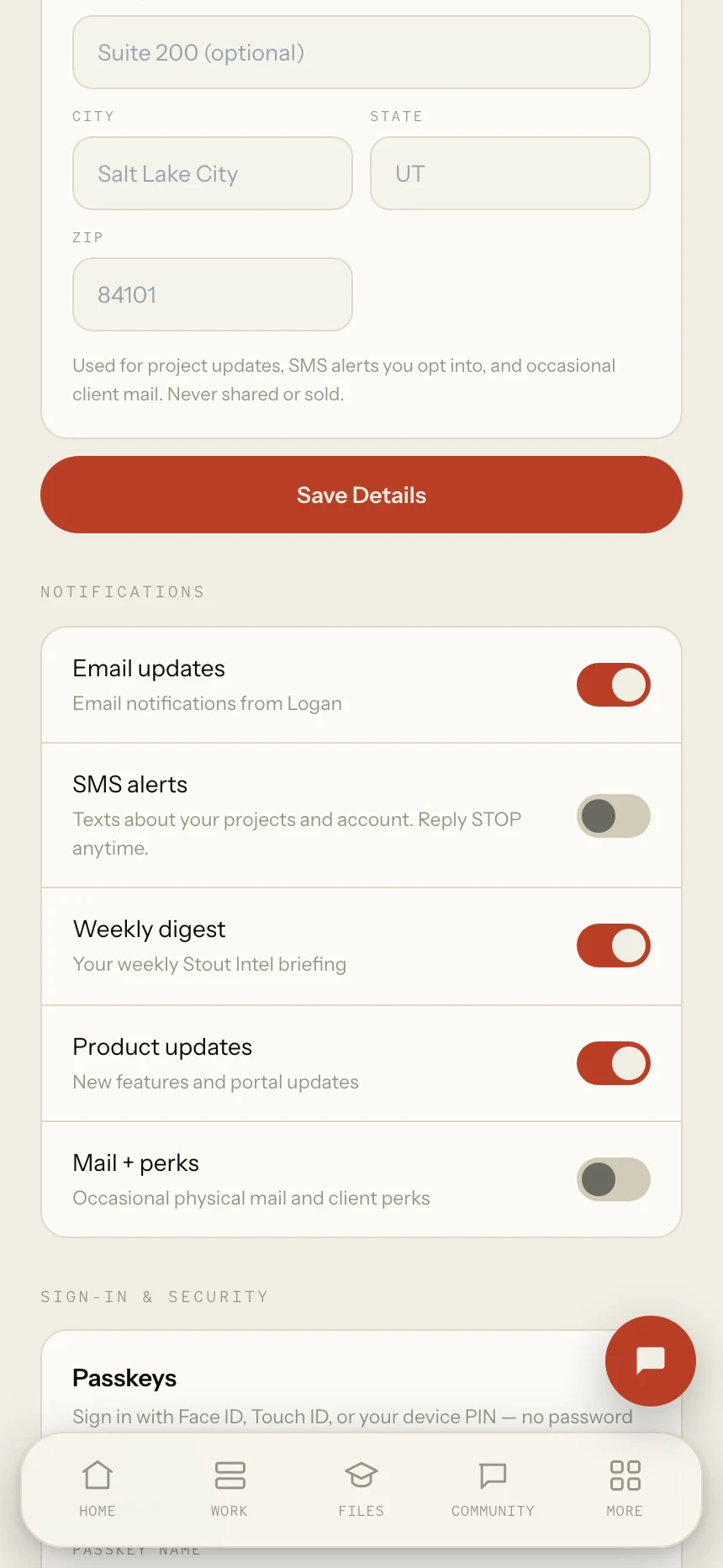 Step 3 — The SMS alerts toggle, off by default